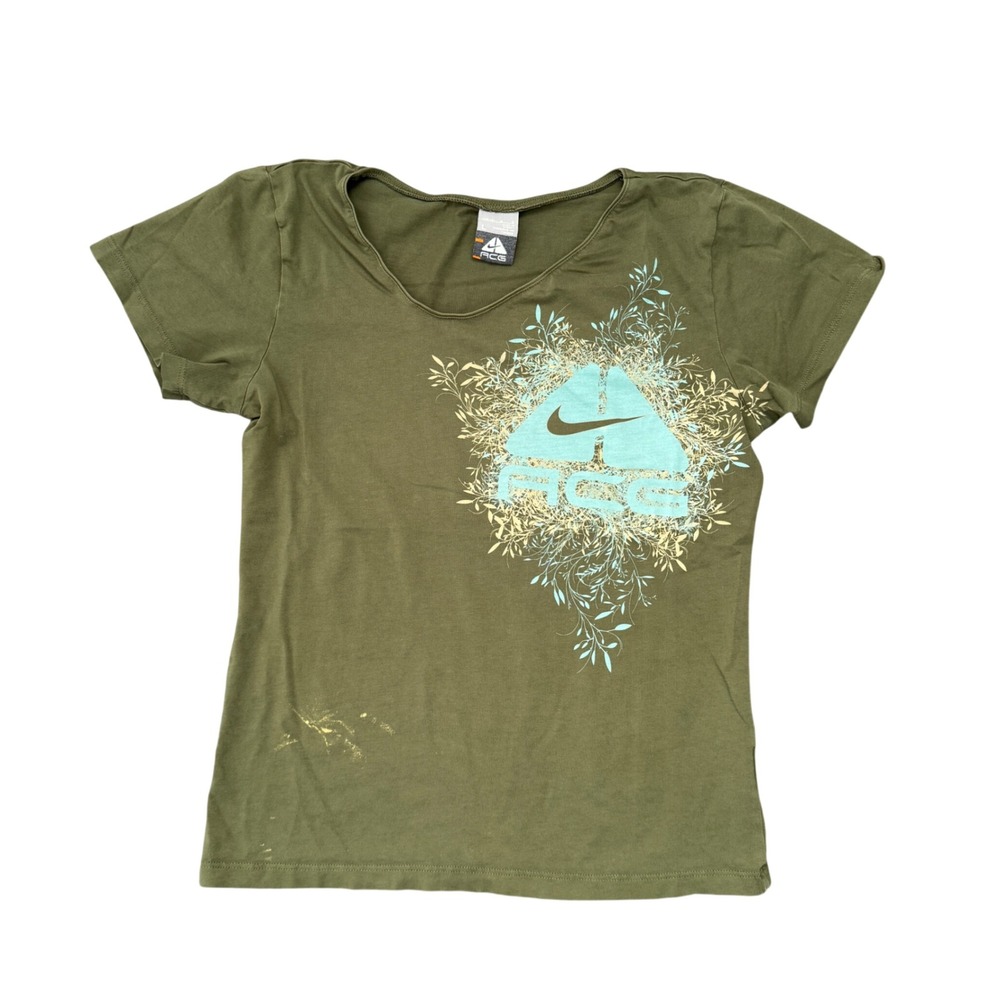 Nike ACG Womens Graphic T-Shirt Olive Green Floral Logo Size L Vintage Y2K